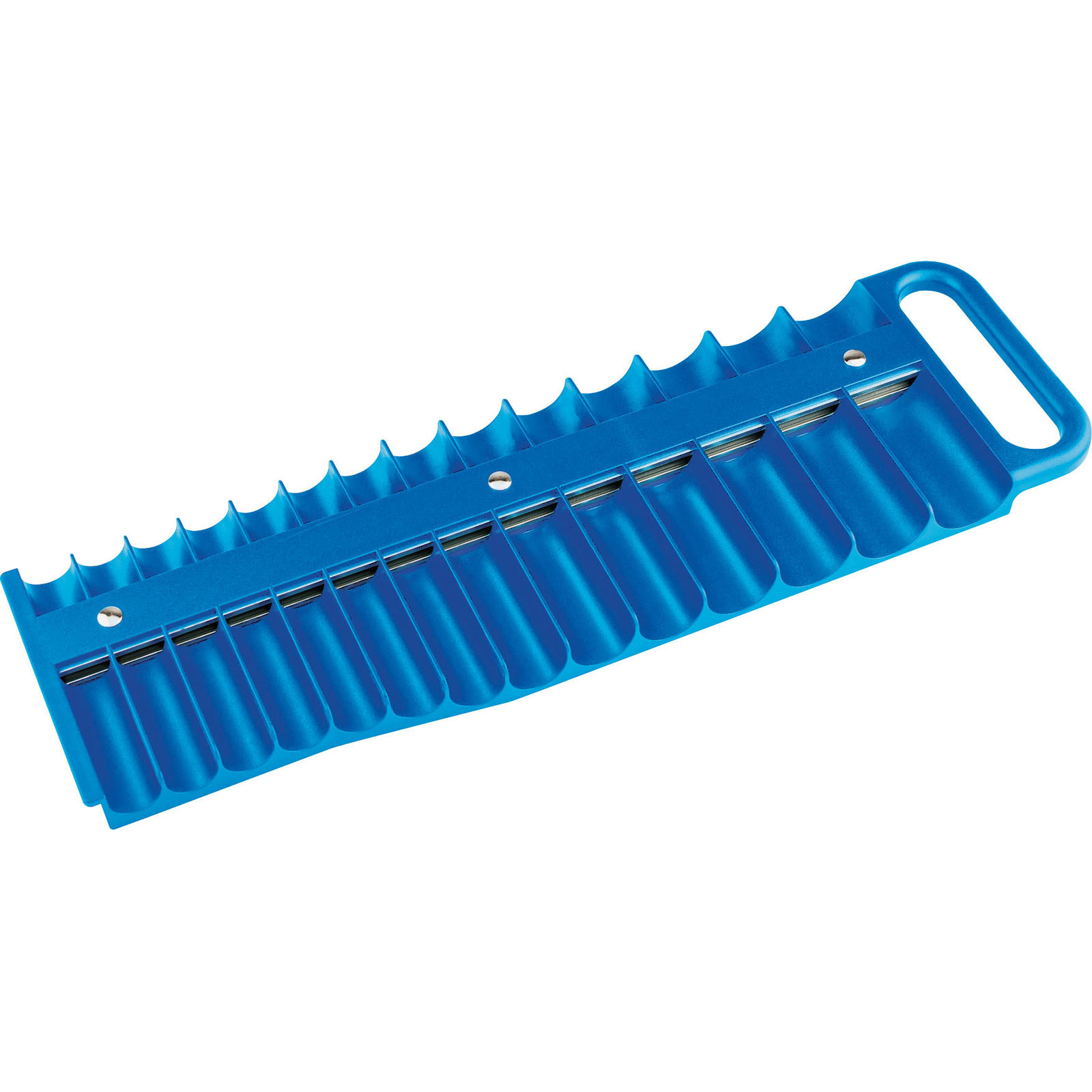 Bright blue plastic magnetic socket tray with 28 slots for 3/8" sockets, featuring a handle for easy carrying and metal strips for secure socket placement.