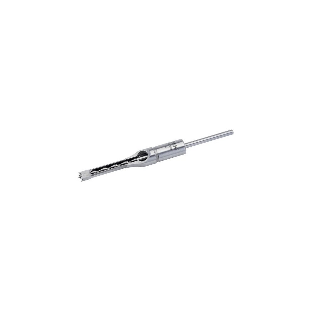 Draper 43044 mortice chisel with a 19mm bit, featuring a shiny metal finish, a cylindrical shaft, and a serrated cutting edge for precision woodworking.