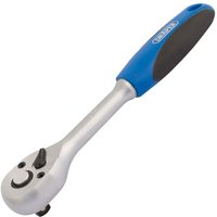 Draper 3/8" reversible ratchet with 72-tooth mechanism, silver head, and blue soft grip handle.