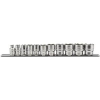 Draper 3/8" Sq. Dr. Imperial Socket Set, 11 silver sockets on a metal rail, varying sizes, organized in a row.
