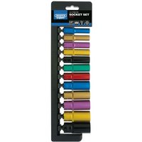 Draper 3/8'' Sq. Dr. Metric Deep Socket Set with colored sockets in red, blue, green, gold, and black on a black holder.
