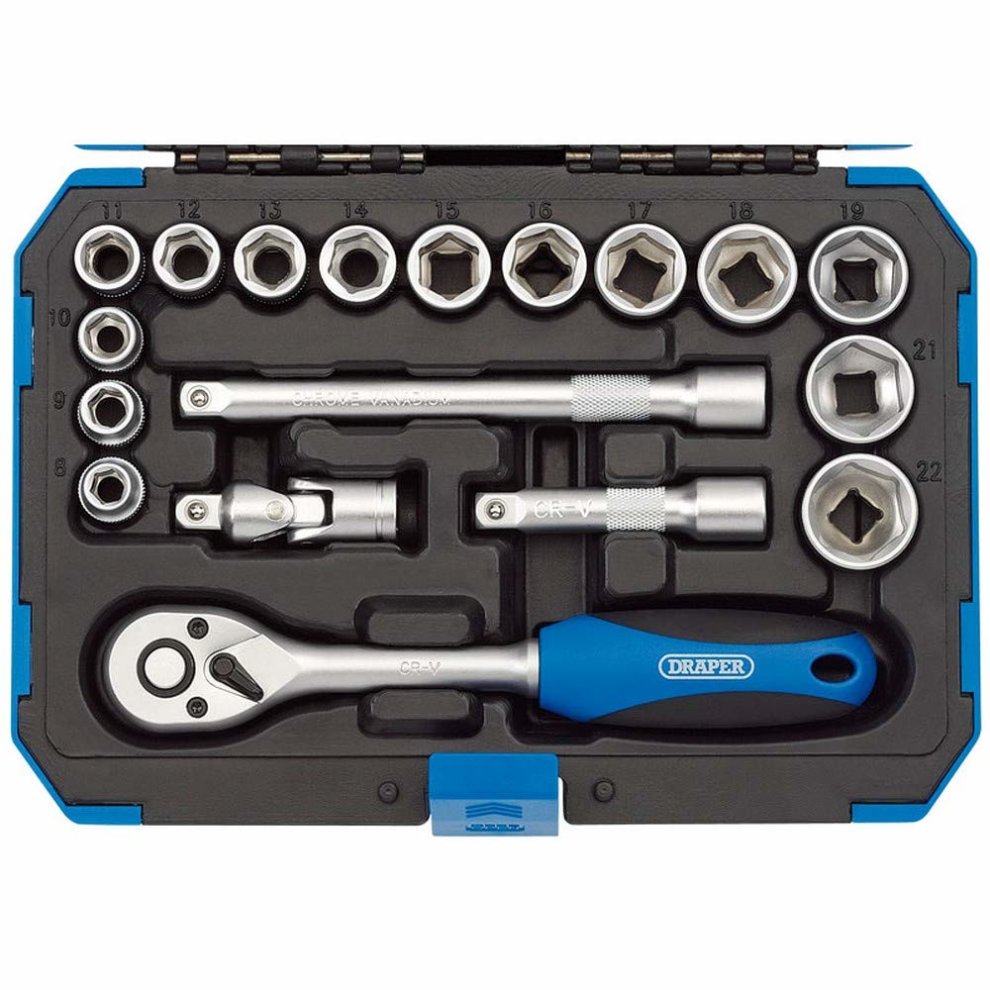 Draper 16359 18-piece metric socket set featuring chrome vanadium sockets, a ratchet handle with a blue grip, and organized in a black and blue plastic case.