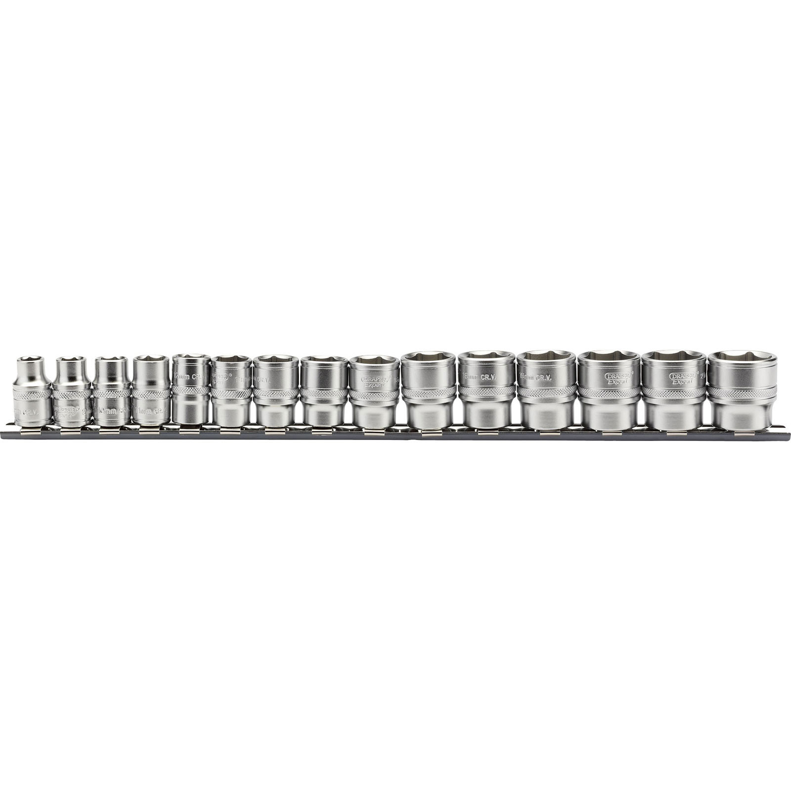 Draper Expert 16492 3/8" square drive metric socket set on a metal rail, featuring polished chrome sockets in various sizes, arranged neatly for easy access.