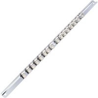 Silver Draper 3/8'' square drive retaining bar with 16 evenly spaced clips along its length.