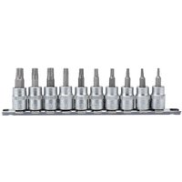 Draper 3/8'' Sq. Dr. TX STAR Plus Socket Bit Set, silver sockets on black rail, various sizes, hexagonal tips