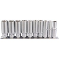 "Draper 3/8'' square drive deep socket set, silver, on metal rail, includes 10 sockets of varying sizes"