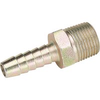 Brass Draper 3/8" taper, 5/16" bore PCL male screw tailpiece with threaded end and ribbed hose connector.