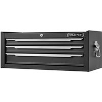 "Draper 3 Drawer Mid Tool Chest, black metal with silver handles and lock, compact rectangular design"