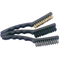 Three 230mm Draper brushes with black handles; brass, nylon, and steel bristles.