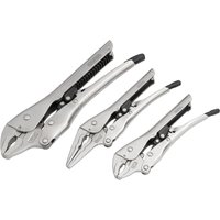 Draper 3 Piece Auto Locking Pliers Set, silver with black grips, includes curved jaw and needle nose pliers.