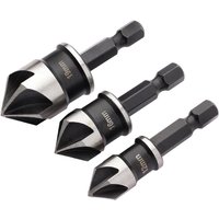 Draper 3 Piece Countersink Bit Set with black hex shanks and silver tapered cutting heads in varying sizes.