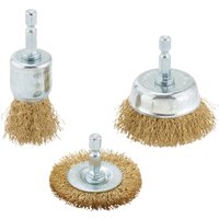 Draper 3 Piece Crimped Wire Brush Set with metal shanks and brass bristles in cup and wheel shapes.