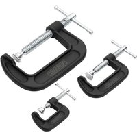 Black Draper 3 Piece Heavy Duty G Clamp Set with silver screws and handles in small, medium, and large sizes.
