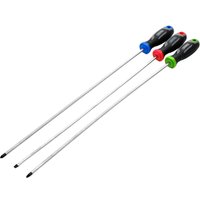 Draper 3 Piece Soft Grip Long Reach Screwdriver Set with black handles, color-coded ends, and extended metal shafts.