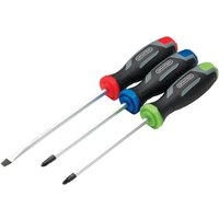 Draper 3 Piece Screwdriver Set with black soft grip handles and colored ends in red, blue, and green.