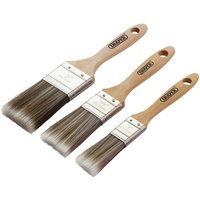 Draper 3 Piece Paint Brush Set with wood handles, synthetic bristles, and metal ferrules in varying sizes.