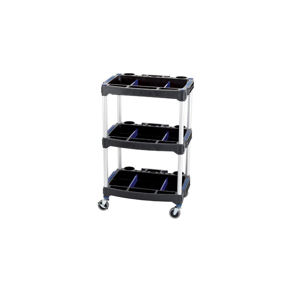 Three-tier workshop trolley with a sturdy black plastic design, featuring multiple storage compartments and silver aluminum legs, mounted on four swivel wheels for easy mobility.