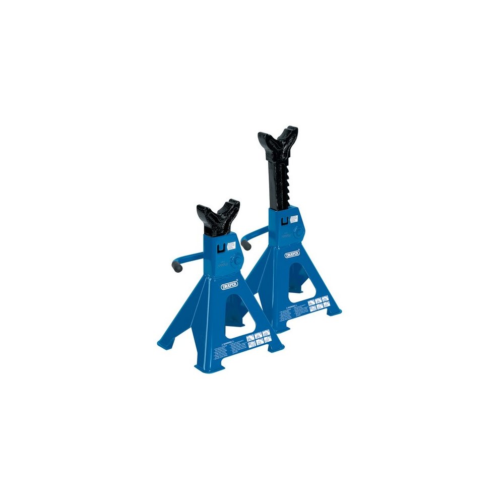 Blue metal ratcheting axle stands with a 3-tonne capacity, featuring a sturdy base and adjustable height mechanism, designed for vehicle support during maintenance.
