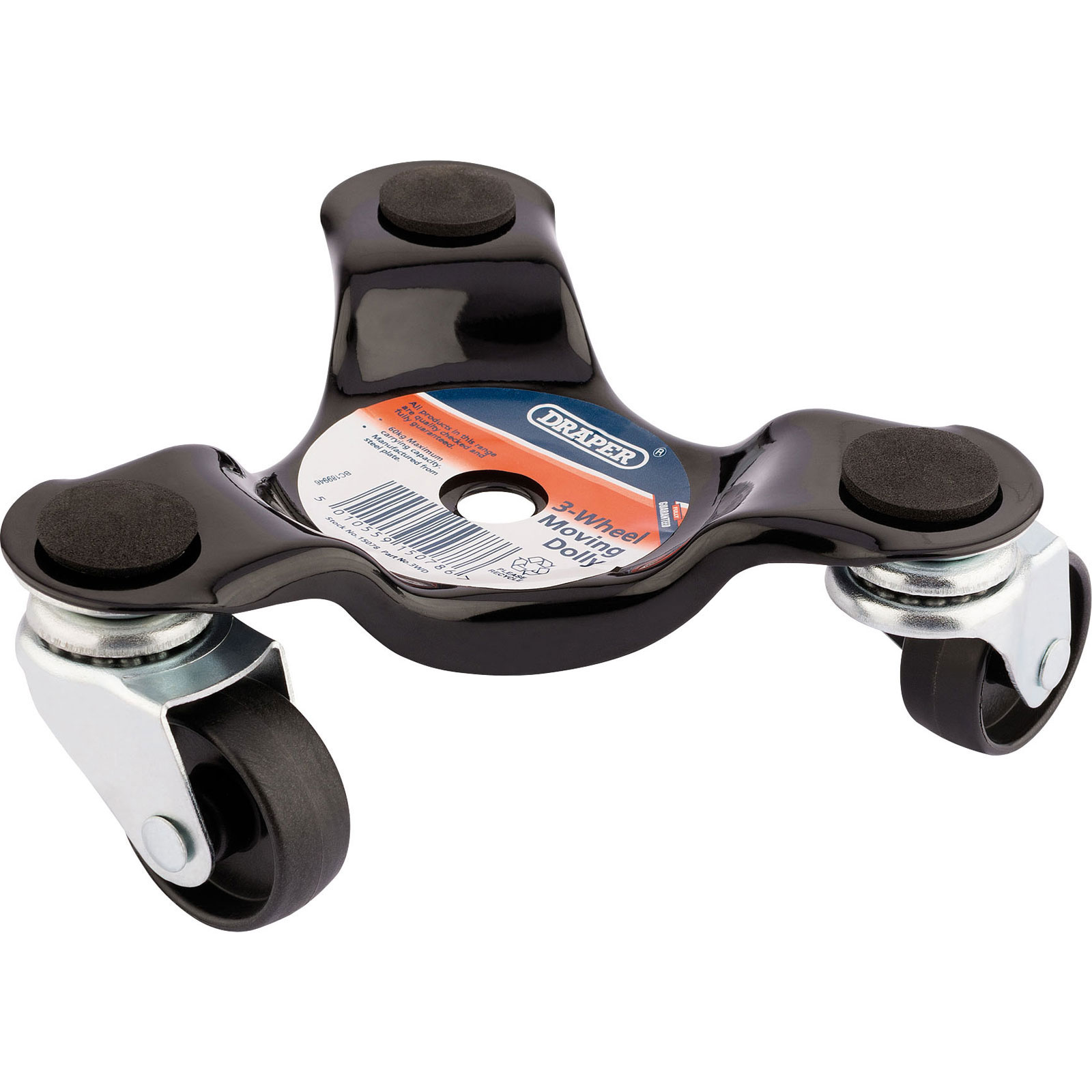 Black three-wheel dolly with rubber pads and swivel casters, featuring a circular label with "Draper" branding and product details in the center.