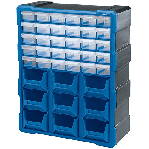 30-drawer organiser with a sturdy black frame and bright blue accents, featuring clear plastic bins for easy visibility and access to small items.
