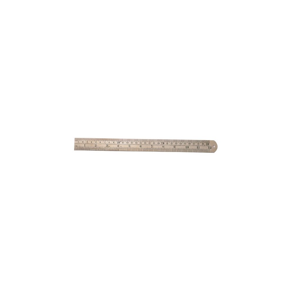 12-inch steel rule by Draper, featuring a silver metallic finish, clear measurement markings in both inches and centimeters, and a rounded end for easy handling.