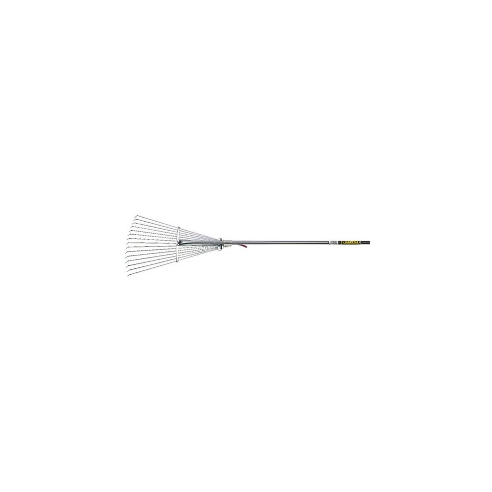 Adjustable lawn rake with a metal handle and a wide, silver steel head featuring multiple tines, extending from 190mm to 570mm for versatile yard maintenance.