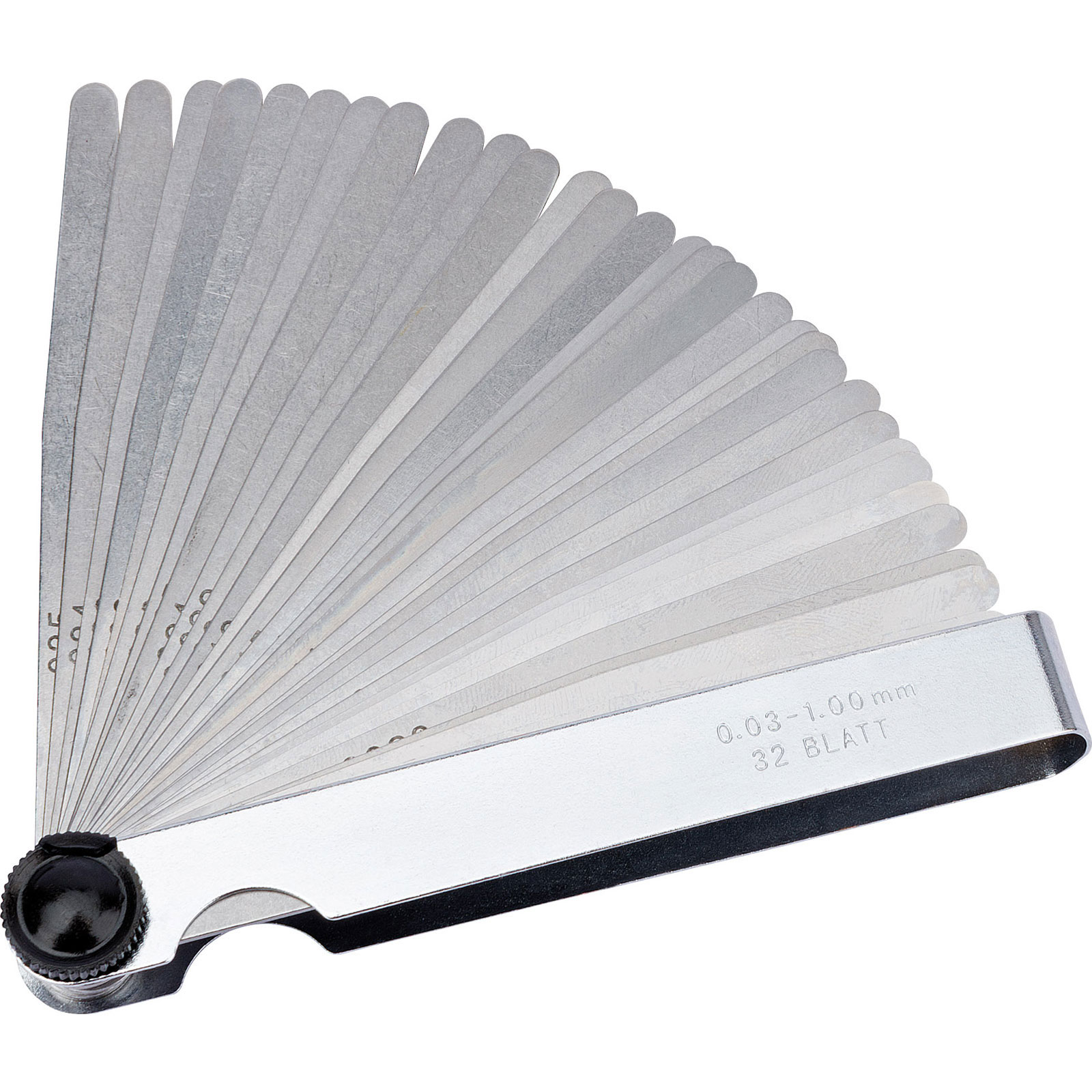 32 stainless steel feeler gauge blades in a fan arrangement, with measurements ranging from 0.03 to 1.00 mm, attached to a durable metal holder with a black knob.