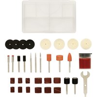Draper 32 Piece Accessory Set for D20 Engraver/Grinder with various bits, discs, and a small wrench in a clear case.