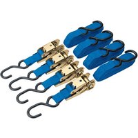 Blue Draper ratcheting tie down straps with black hooks and gold ratchets, set of four, 375Kg capacity.