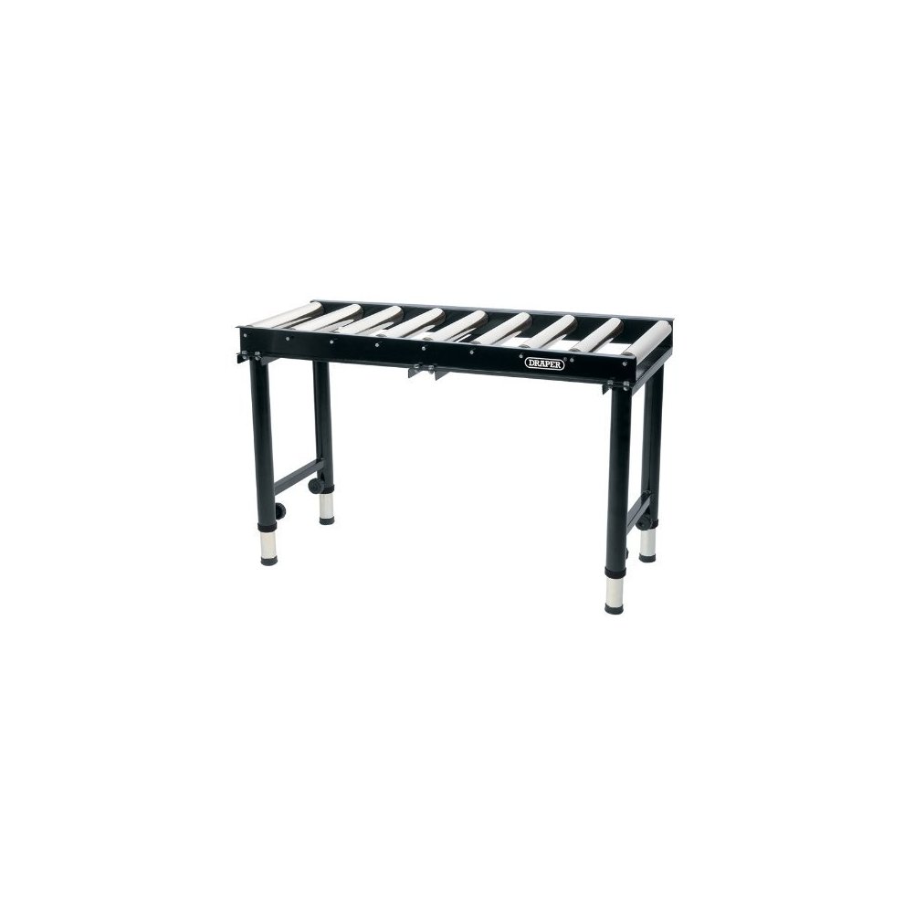 Black metal roller table with six silver rollers, adjustable height legs, and a sturdy frame, designed for easy material handling and support.