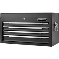 Black Draper 4 Drawer Tool Chest with silver handles and lock, featuring side handle for portability.