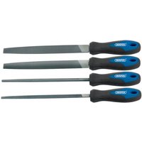 Draper 4 Piece 200MM Engineers File Set with blue and black soft grip handles, includes flat, half-round, and round files.