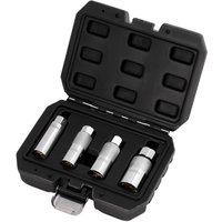 "Draper 4 Piece Magnetic Spark Plug Socket Set in black case, silver sockets with 3/8 inch drive, foam insert holder"