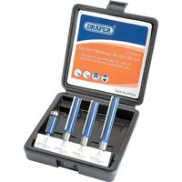 Draper 4 Piece Extra Long Router Bit Set in blue and silver, housed in a black plastic case with labeled slots.