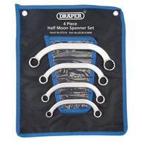 Draper 4 Piece Half Moon Spanner Set, silver wrenches with curved design in a blue and black fabric pouch.