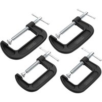 Black Draper heavy-duty G-clamps set, four pieces with silver screw handles and sturdy frames.