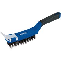 Blue and black Draper wire scratch brush with four rows of carbon steel bristles and a metal scraper, 285mm long.
