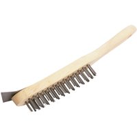 Draper wire scratch brush with wooden handle, four rows of metal bristles, and metal scraper at the end.