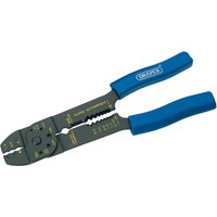 Draper 4 Way Crimping Tool, 215mm, with blue handles and black metal head featuring multiple crimping slots.