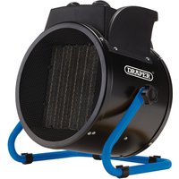 Black Draper 400V PTC electric space heater, 5kW, with cylindrical body, blue stand, and front mesh grille.