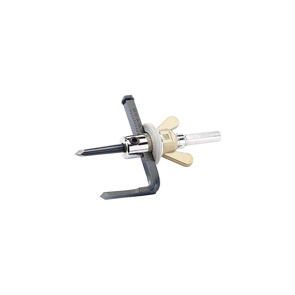 Draper 31950 hole cutter features a metallic body with a silver finish, adjustable arms for cutting holes from 40mm to 120mm, and a sharp central drill bit for wood or plastic.