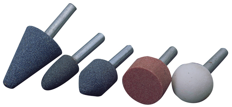 Five mounted grinding points with 6mm shanks in various shapes: conical, bullet, and cylindrical, featuring grey, red, and white abrasive surfaces.