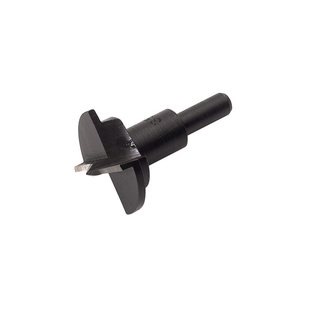 Black metal hinge hole cutter with a 35mm cutting diameter, featuring a flat base and sharp cutting edge for precise drilling.
