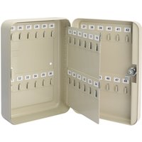 Beige Draper 48 Hook Key Cabinet with numbered hooks and a secure lock, open to show interior key slots.