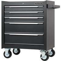 Black Draper 5 Drawer Tool Roller Cabinet with silver handles, lockable top drawer, and four swivel caster wheels.