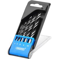 Draper 5 Piece Brad Point Wood Drill Bit Set in black and blue case, sizes labeled 4 to 10, with clear plastic cover.