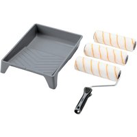 Gray paint tray with three white rollers featuring orange stripes and a black soft grip handle.