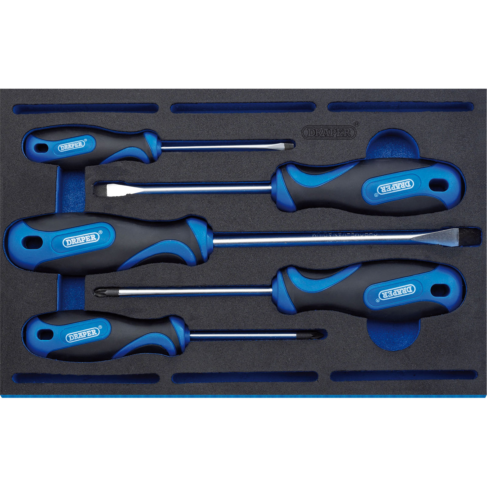 Draper 63400 Soft Grip Screwdriver Set featuring five screwdrivers with blue and black soft grip handles, housed in a black EVA foam insert tray.
