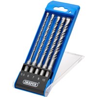 Draper 5 Piece SDS Plus Drill Bit Set in blue plastic case with clear lid, featuring spiral fluted silver bits.