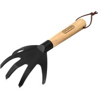 Draper 5 Tine Hand Cultivator with black metal tines and a wooden handle featuring a hanging loop.